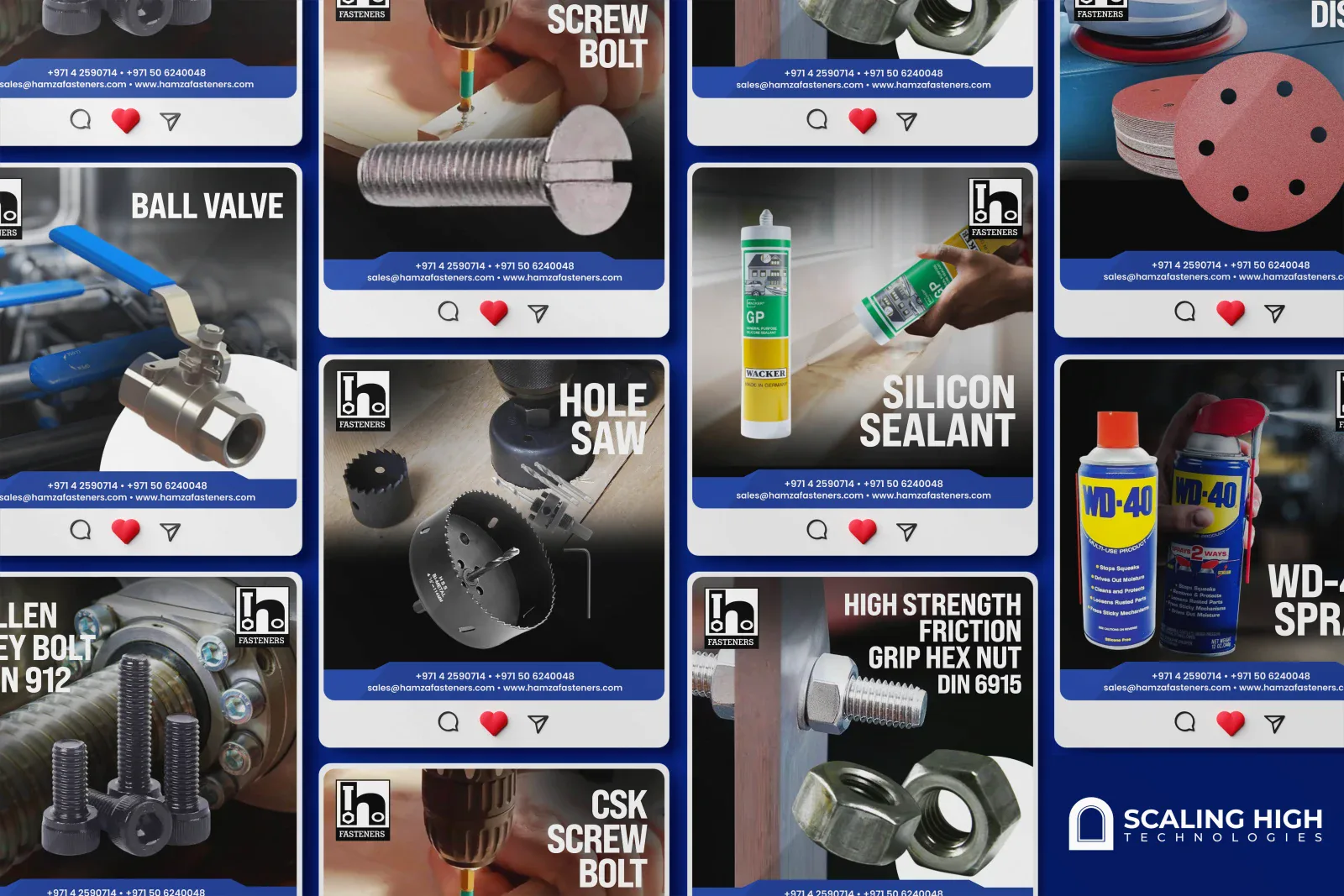 Instagram post grid for a fasteners and hardware consumables supplier showing posts for a ball valve, screw bolt, silicone sealant, sanding discs, a hole saw, an Allen key bolt, high strength hex nut, and WD-40 spray, on a blue branded template