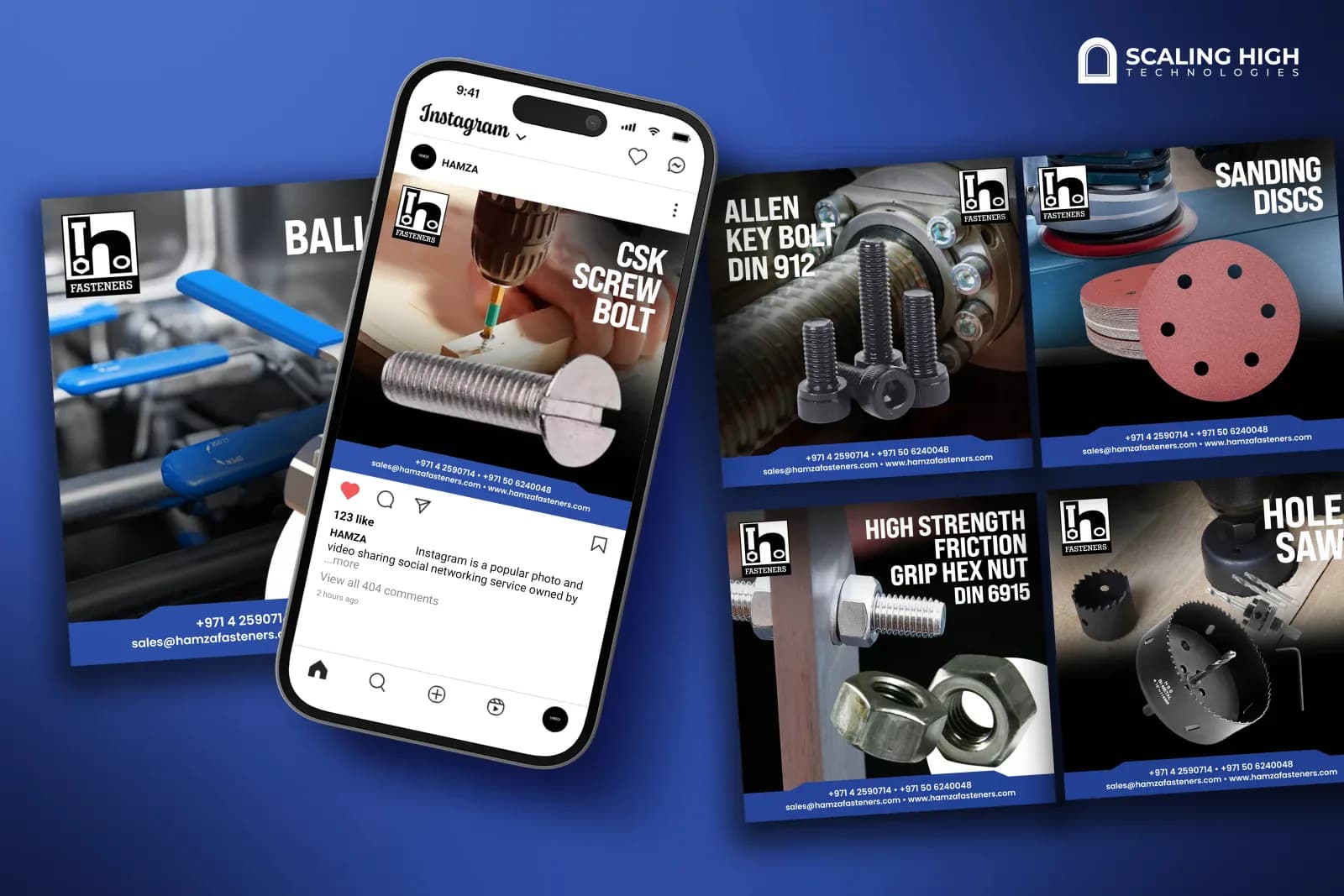 Phone mockup and desktop post layout for a fasteners and hardware consumables supplier featuring a countersunk screw bolt post on an Instagram phone screen alongside Allen key bolt, sanding discs, high strength hex nut, and hole saw product posts