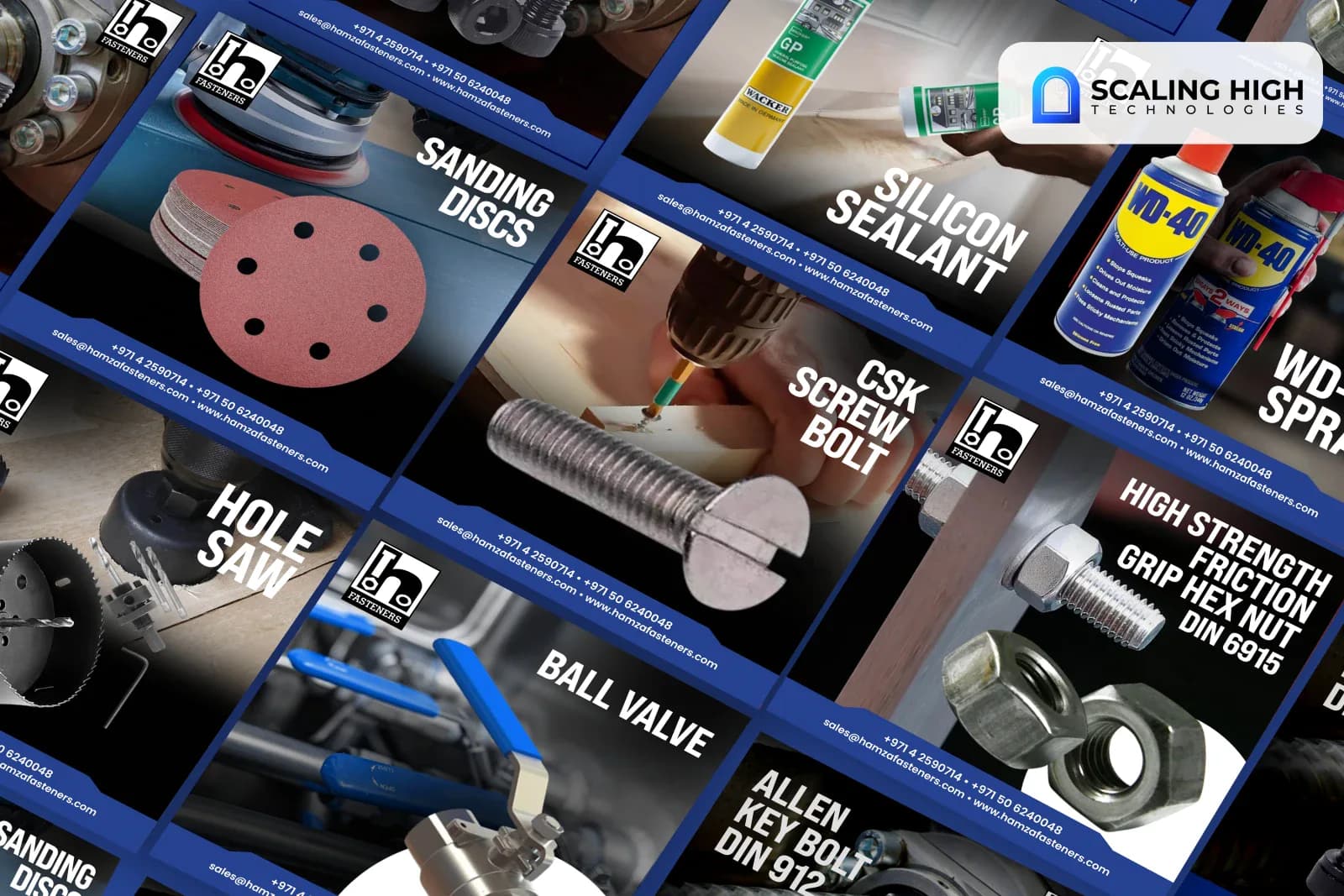 Angled overhead view of a fasteners and hardware consumables supplier's social post catalogue showing sanding discs, a silicone sealant tube, a countersunk screw bolt, WD-40 spray cans, a high strength hex nut, and a ball valve arranged diagonally on a blue background