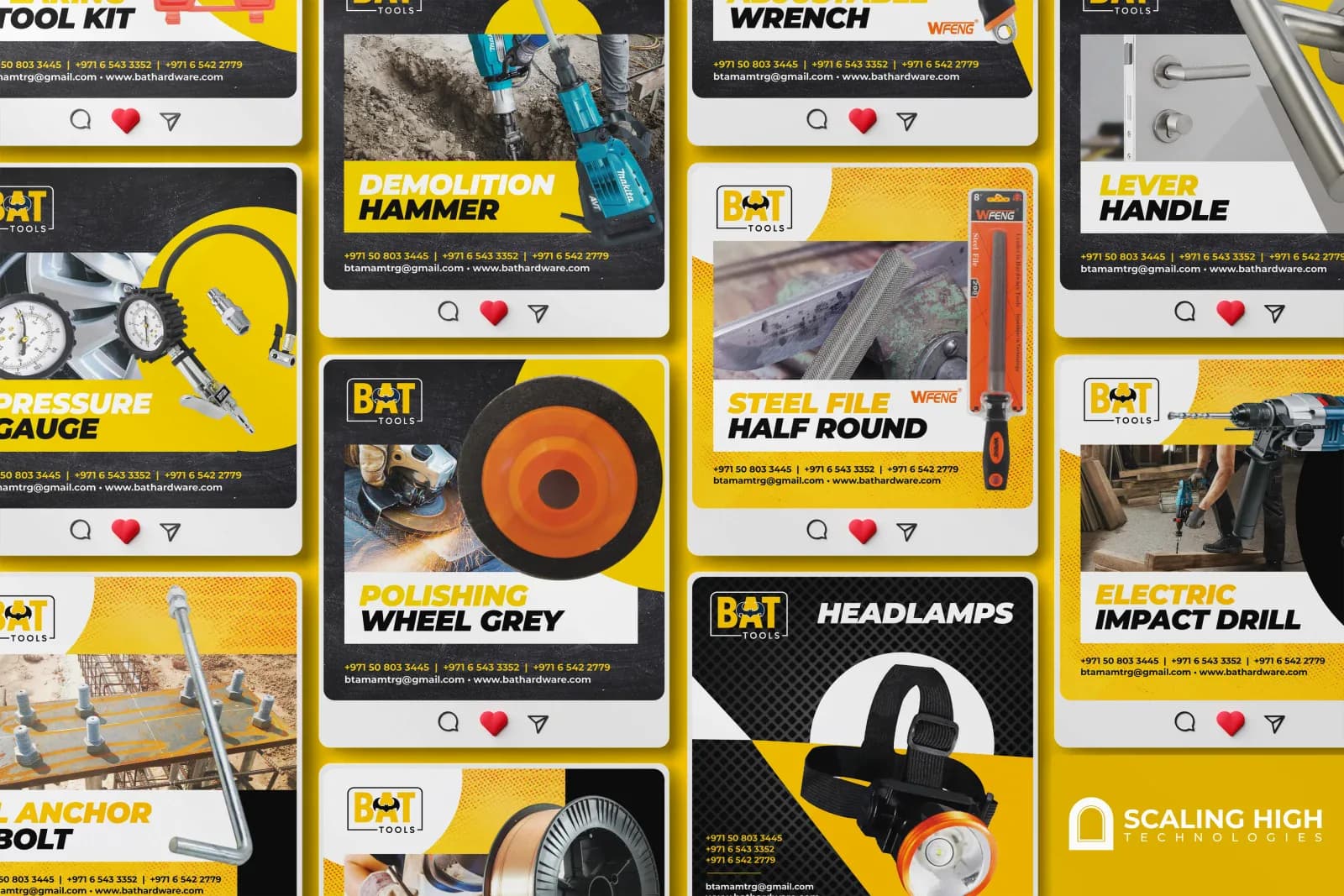 Instagram post grid for a general hardware brand showing individual product posts for a tool kit, pressure gauge, anchor bolt, demolition hammer, polishing wheel, welding wire, adjustable wrench, steel file, headlamps, lever handle, and electric impact drill, each on a black and yellow branded template
