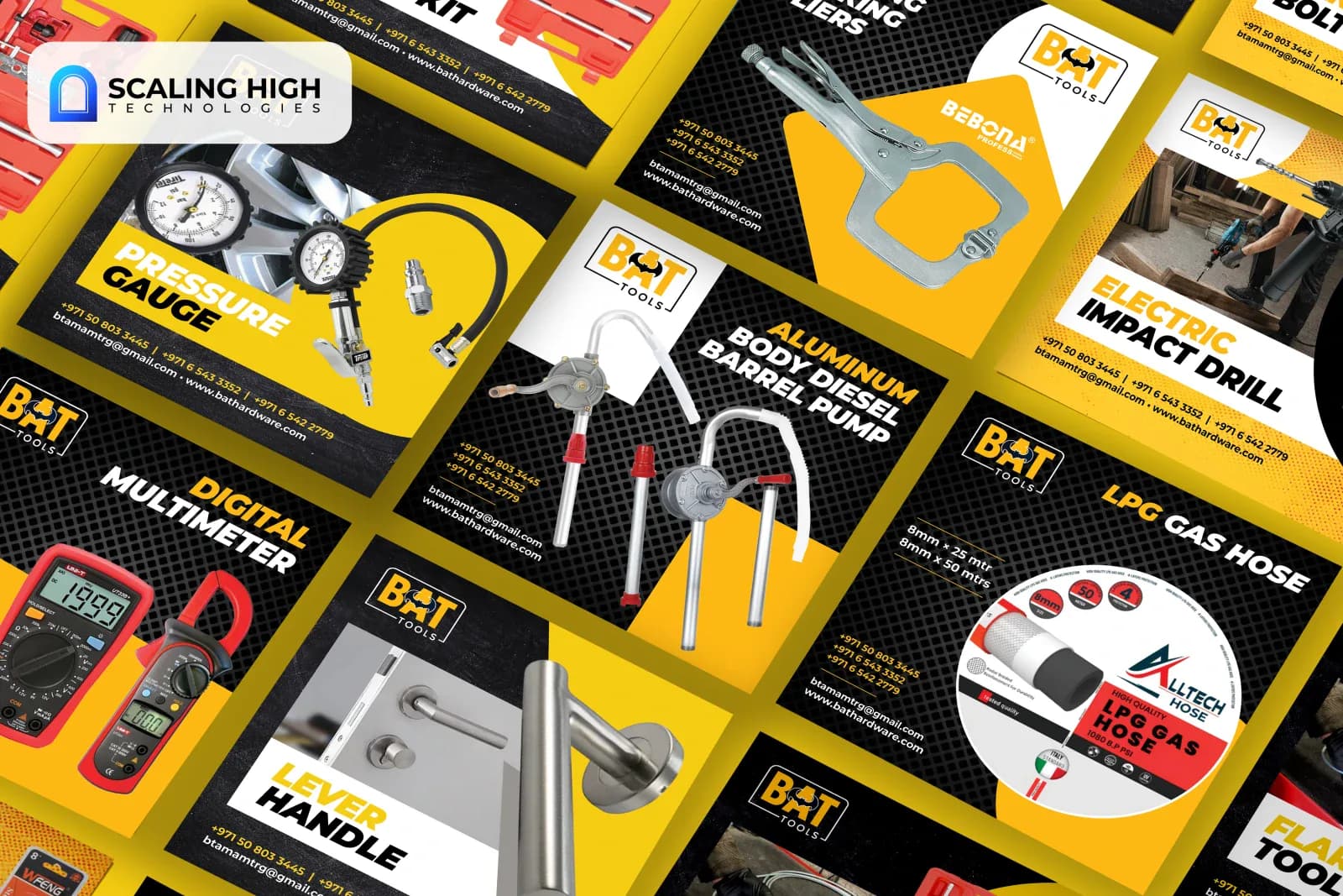 Angled overhead layout of a general hardware brand's social post catalogue showing pressure gauge, digital multimeter, lever handle, welding pliers, diesel barrel pump, and LPG gas hose posts fanned out against a yellow background