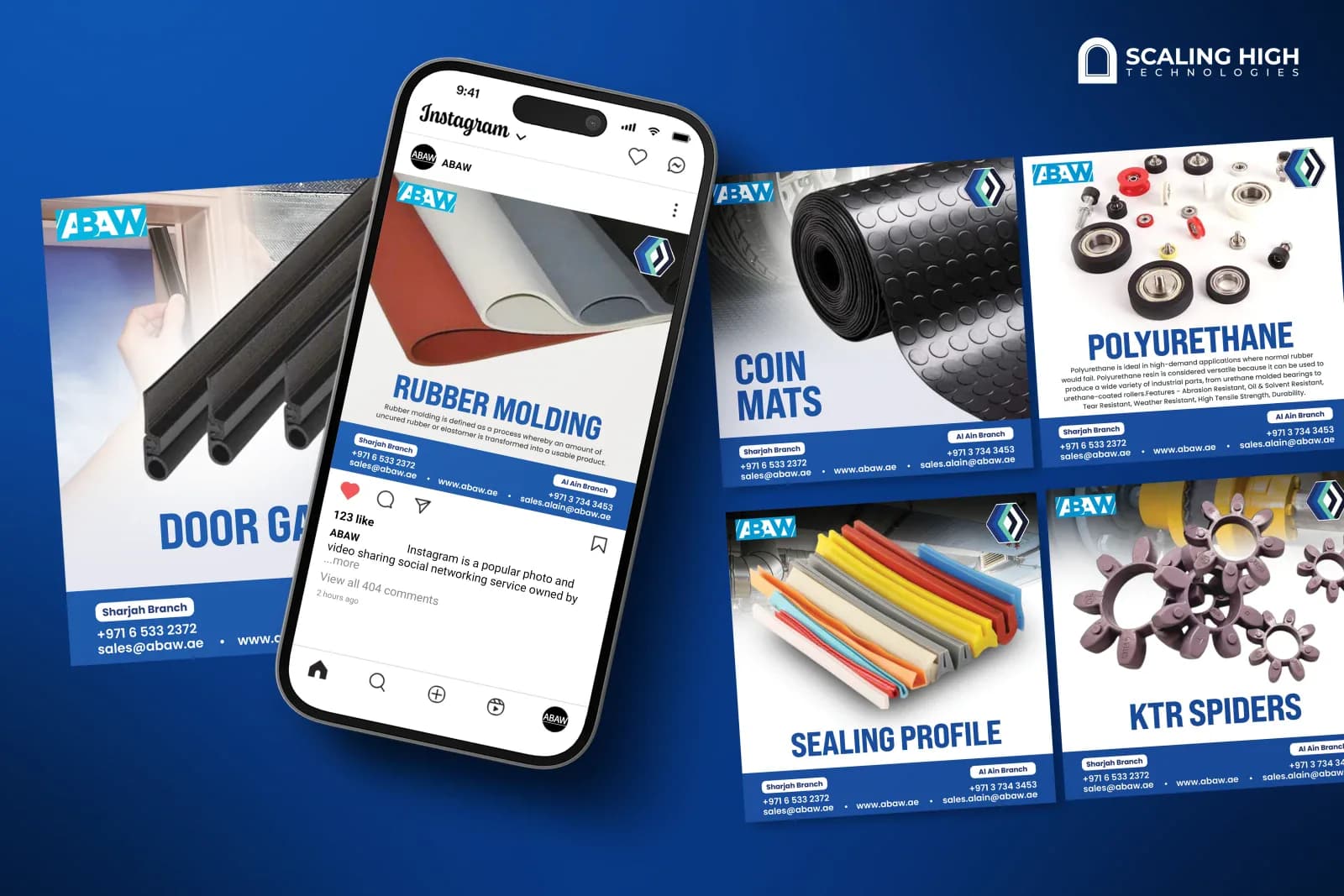 Phone mockup and desktop post layout for an industrial rubber products supplier featuring a rubber molding explainer post on an Instagram phone screen alongside coin mat, polyurethane, sealing profile, and KTR spider product posts on a blue background