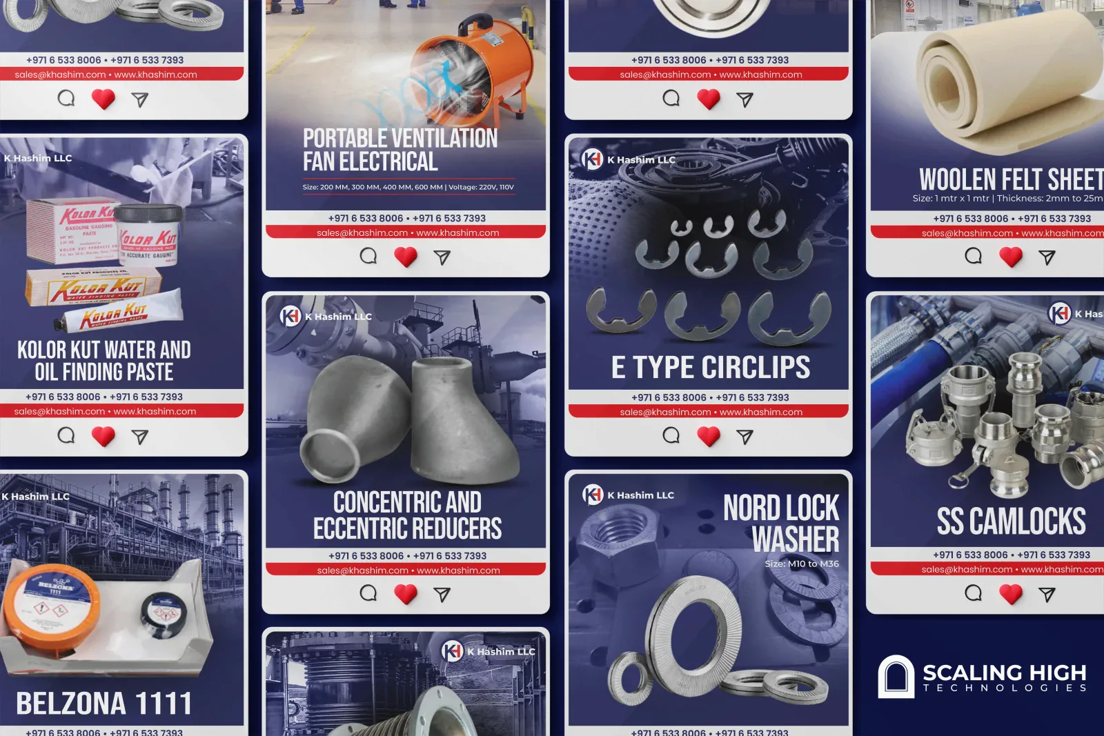 Instagram post grid for a marine and shipbuilding hardware supplier showing posts for a portable ventilation fan, gasoline gauging paste, concentric and eccentric pipe reducers, E-type circlips, a Nord Lock washer, woolen felt sheet, and a repair compound tin, on a navy blue branded template