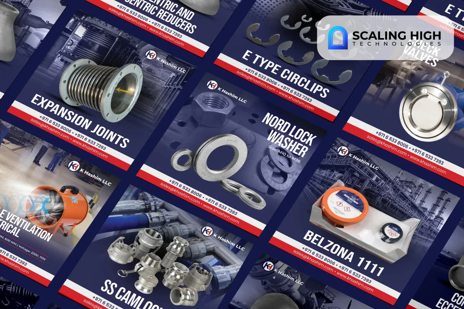 Angled overhead view of a marine and shipbuilding hardware supplier's social post catalogue showing pipe reducers, E-type circlips, a Nord Lock washer, check valves, camlock couplings, and a repair compound post arranged diagonally on a navy blue background
