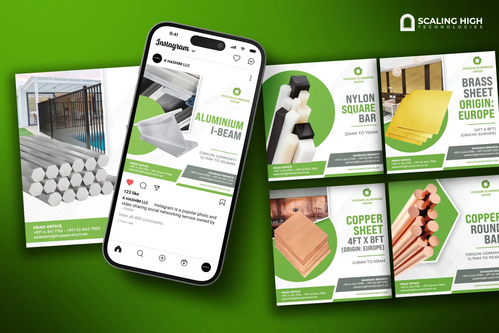 Phone mockup and desktop post layout for a metal stock supplier featuring an aluminium I-beam post on an Instagram phone screen alongside nylon square bar, brass sheet, copper sheet, and copper round bar product posts with size specifications listed