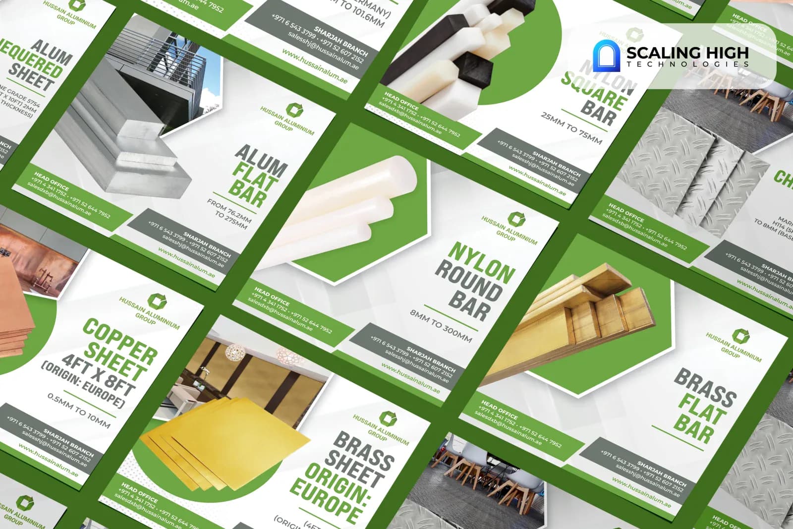 Angled overhead view of a metal stock supplier's social post catalogue showing aluminium chequered sheet, aluminium flat bar, nylon round bar, brass flat bar, copper sheet, and brass sheet posts arranged diagonally on a green background