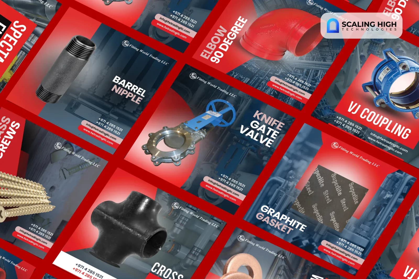 Angled overhead view of a pipe fittings supplier's social post catalogue showing a barrel nipple, elbow fitting, knife gate valve, cross tee, graphite gasket, and VJ coupling posts arranged diagonally on a red and black background