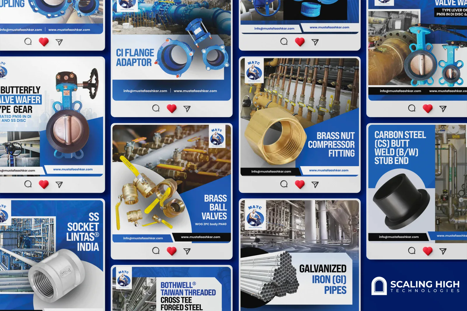 Instagram post grid for an industrial valves and pipe fittings supplier showing posts for a CI flange adaptor, a butterfly valve wafer type gear, brass nut compressor fitting, SS socket fittings, brass ball valves, galvanized iron pipes, and a carbon steel butt weld stub end, on a blue branded template