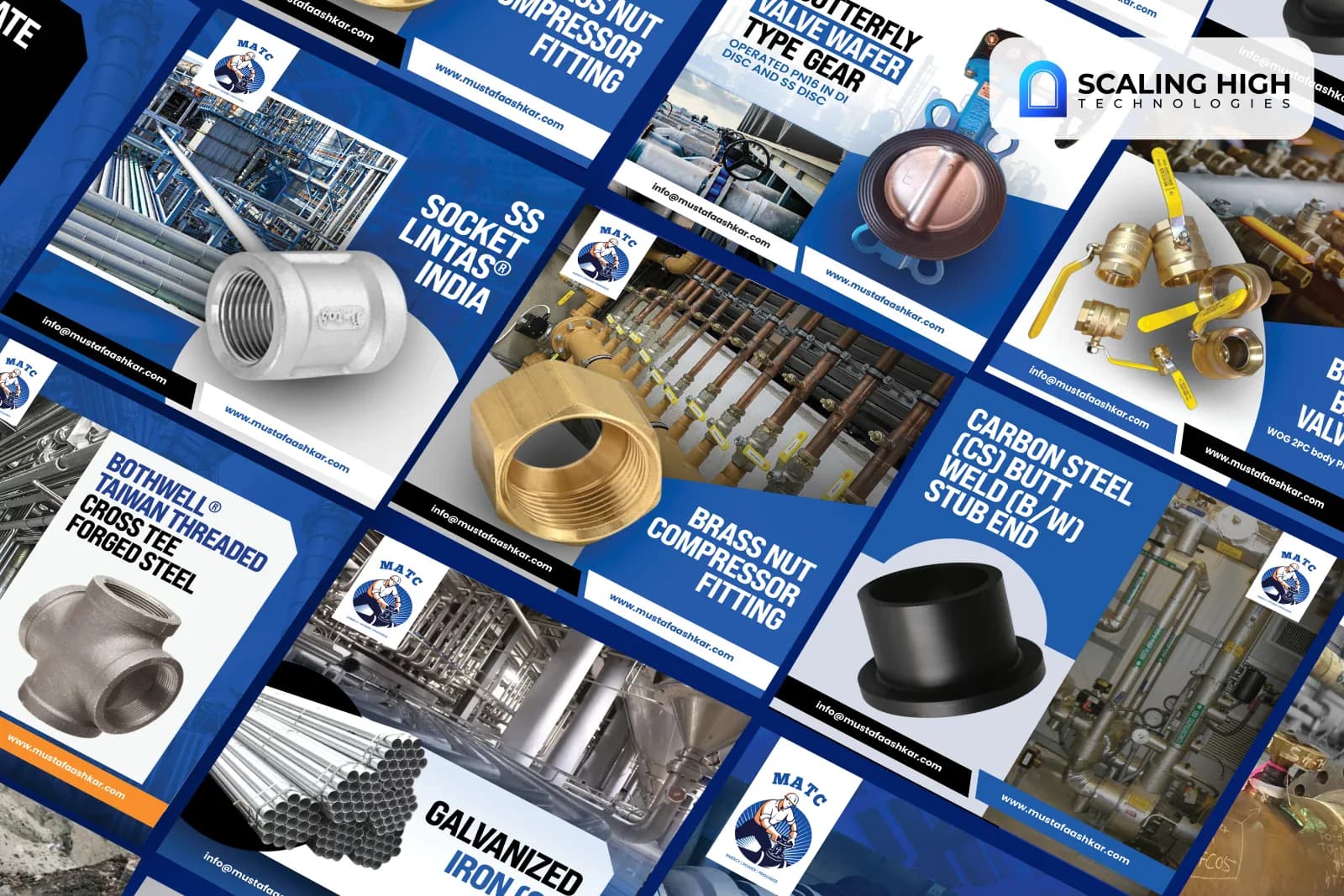 Angled overhead view of an industrial valves and pipe fittings supplier's social post catalogue showing SS socket fittings, a butterfly valve, brass nut compressor fitting, carbon steel stub end, brass ball valves, and a forged steel cross tee arranged diagonally on a blue background