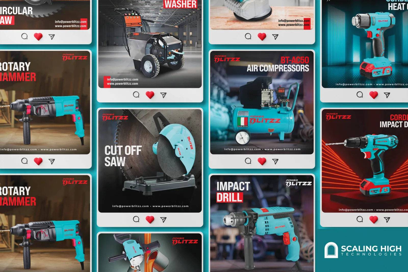 Instagram post grid for a power tools brand showing posts for a circular saw, a rotary hammer, a pressure washer, a cordless heat gun, a cut off saw, an air compressor, an impact drill, and a cordless impact driver, each shot against dark cinematic backgrounds with the brand's teal and red logo