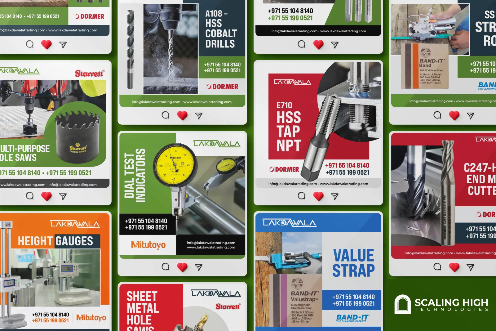 Instagram post grid for a precision cutting tools and metrology supplier showing posts for HSS cobalt drills, an HSS tap NPT, a multi-purpose hole saw, height gauges, dial test indicators, sheet metal hole saws, a strap roll, and an end mill cutter, each carrying a manufacturer logo such as Dormer, Starrett, Mitutoyo, or Band-It