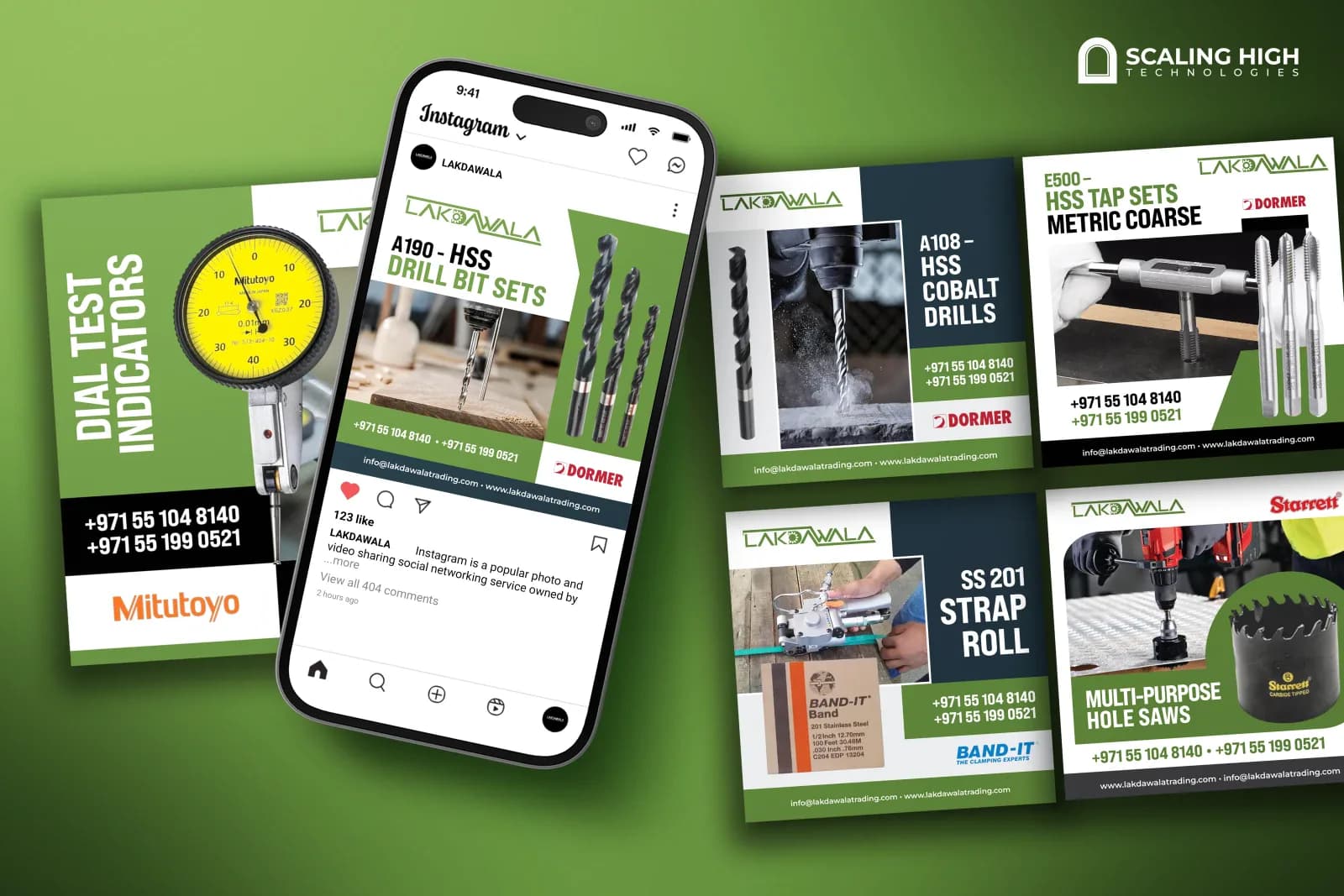 Phone mockup and desktop post layout for a precision cutting tools and metrology supplier featuring an HSS drill bit set post on an Instagram phone screen alongside HSS cobalt drills, HSS tap sets, a stainless steel strap roll, and multi-purpose hole saw product posts
