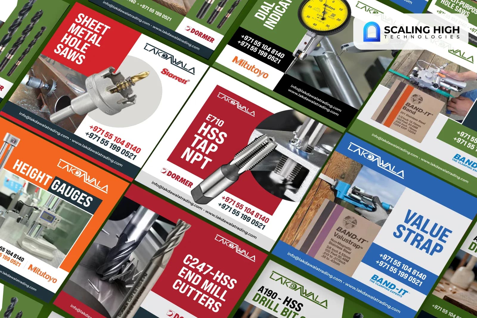 Angled overhead view of a precision cutting tools and metrology supplier's social post catalogue showing sheet metal hole saws, a dial test indicator, an HSS tap, a stainless steel strap roll, an end mill cutter, and an HSS drill bit set arranged diagonally