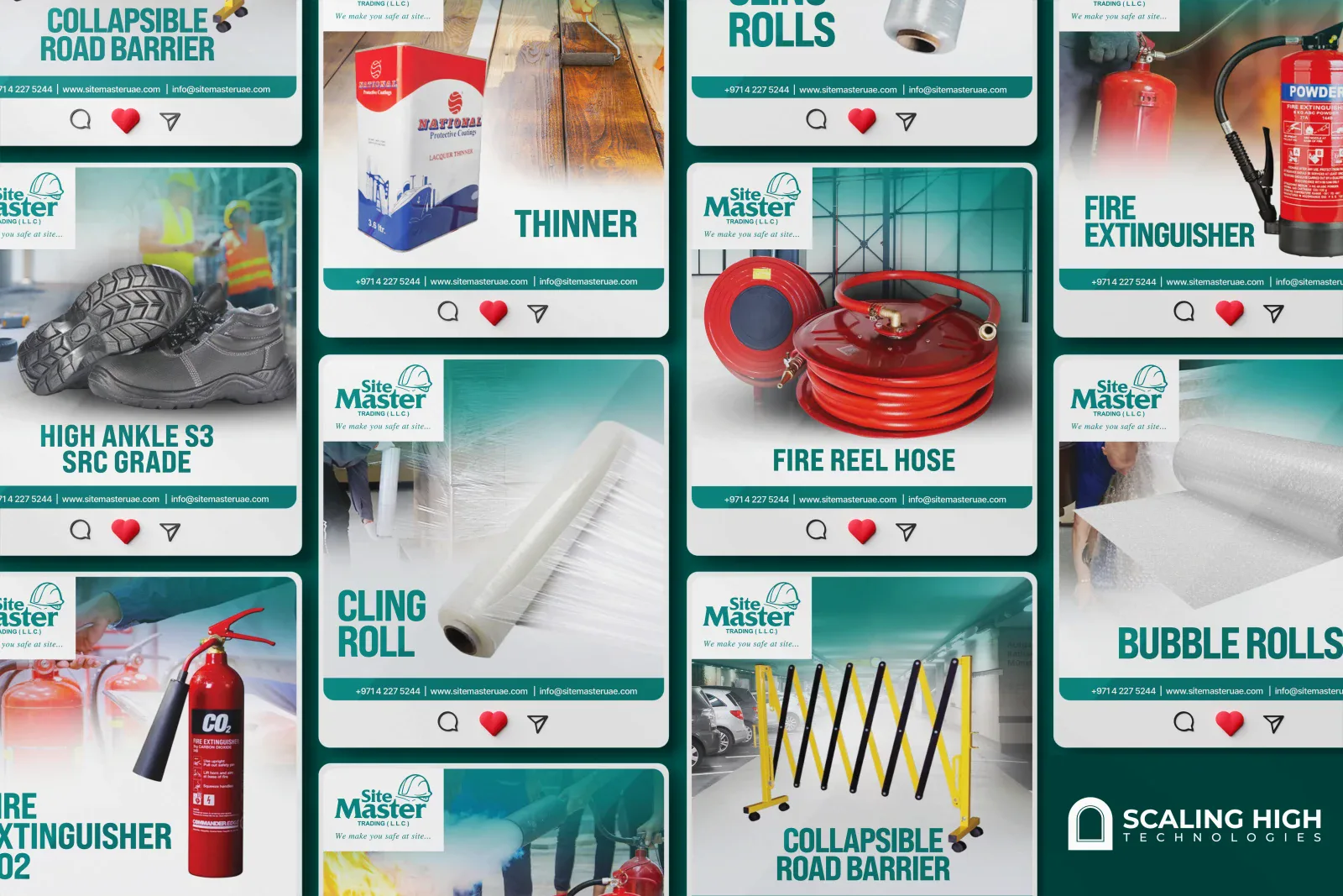 Instagram post grid for a safety equipment and site supplies company showing posts for a collapsible road barrier, high ankle S3 safety boots, a CO2 fire extinguisher, lacquer thinner, cling film rolls, a fire reel hose, a powder fire extinguisher, and bubble wrap rolls, each carrying the tagline "we make you safe at site"