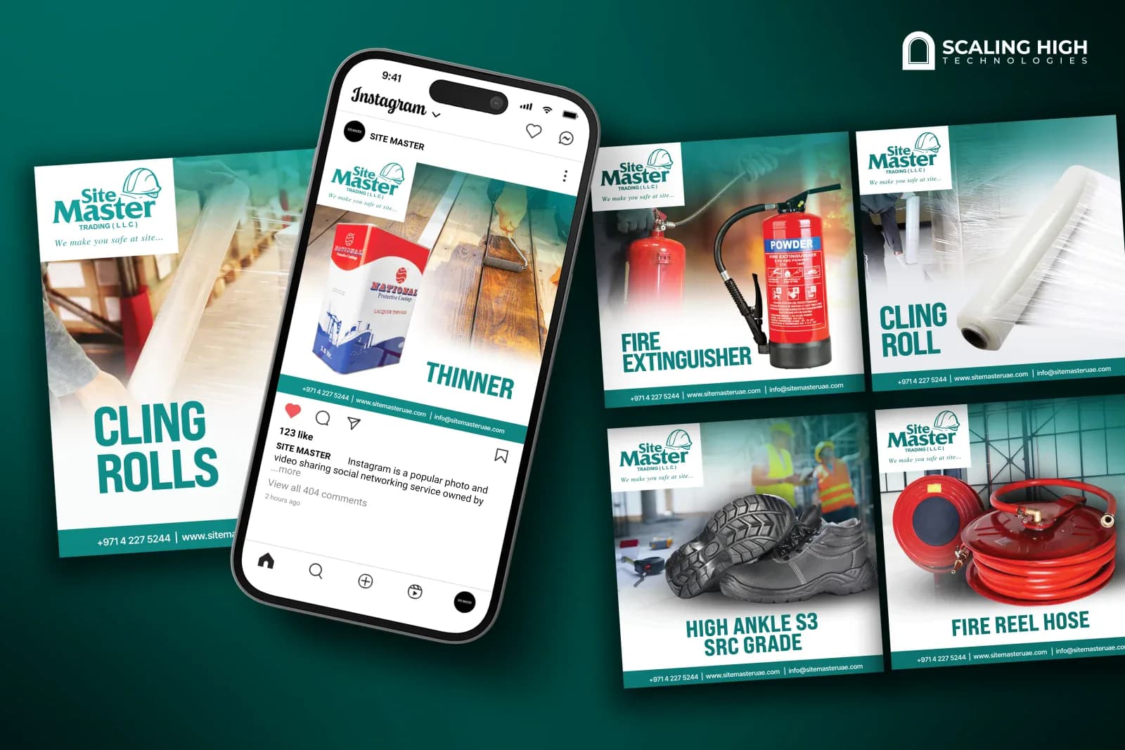 Phone mockup and desktop post layout for a safety equipment and site supplies company featuring a lacquer thinner post on an Instagram phone screen alongside a powder fire extinguisher, cling film roll, safety boots, and fire reel hose product posts on a teal branded template