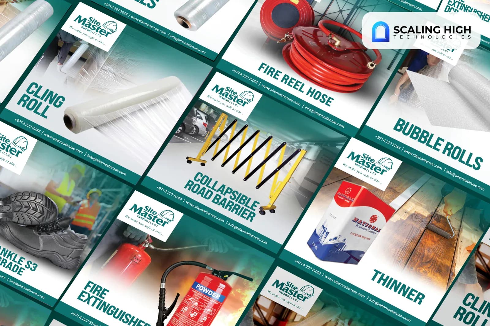 Angled overhead view of a safety equipment and site supplies company's social post catalogue showing cling film rolls, a fire reel hose, bubble wrap rolls, safety boots, a fire extinguisher, and a collapsible road barrier arranged diagonally on a teal background