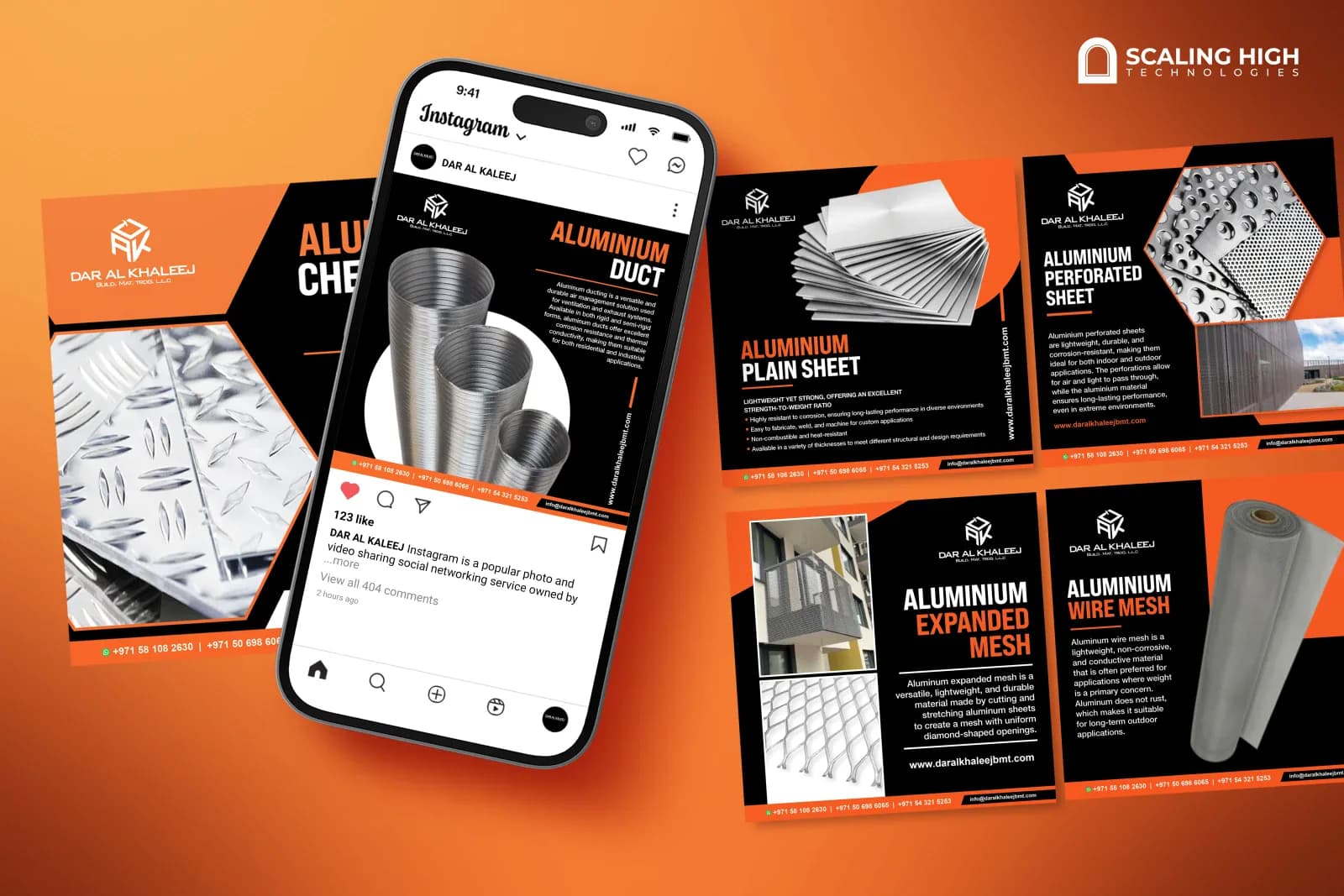 Phone mockup and desktop post layout for a wire mesh and fencing supplier featuring an aluminium duct post on an Instagram phone screen alongside aluminium plain sheet, perforated sheet, expanded mesh, and wire mesh product posts on an orange background