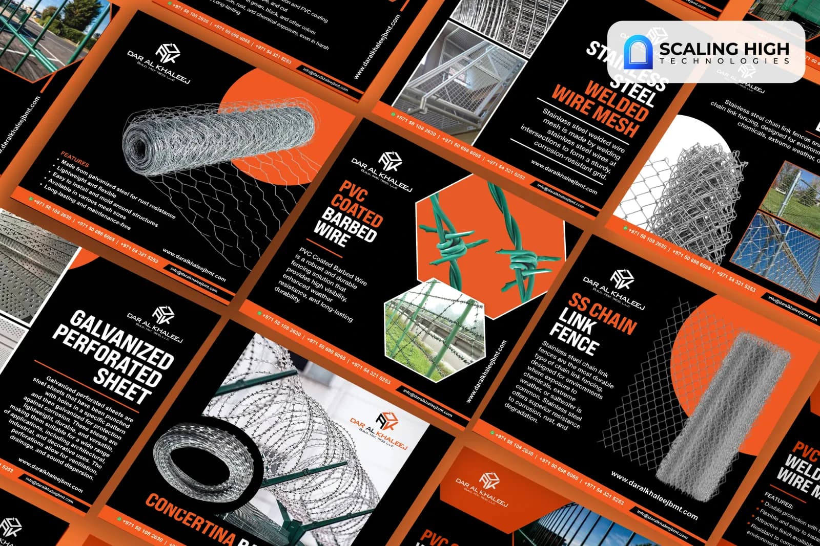 Angled overhead view of a wire mesh and fencing supplier's social post catalogue showing PVC-coated barbed wire, stainless steel welded wire mesh, galvanized perforated sheet, concertina wire, and SS chain link fence posts arranged diagonally on a black and orange background