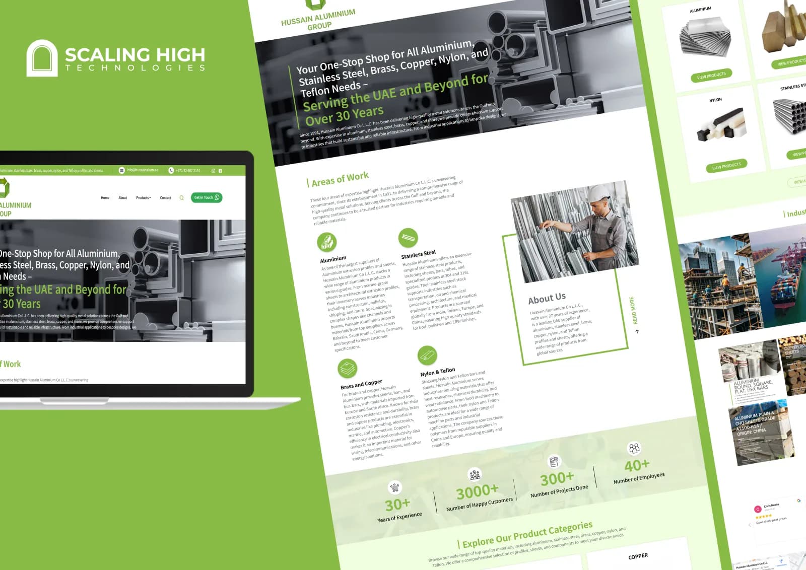 Homepage hero banner reading "Your One-Stop Shop for All Aluminium, Stainless Steel, Brass, Copper, Nylon and Teflon Needs" alongside product category tiles