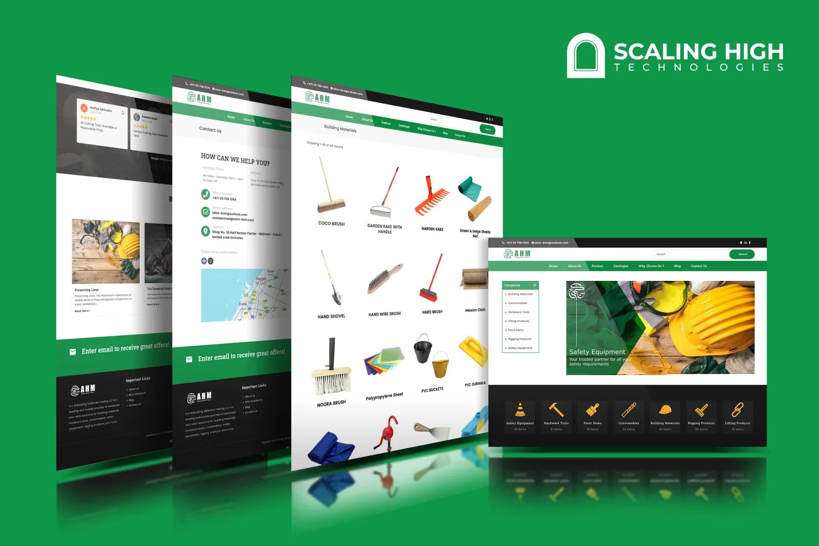 Composite view of blog, contact page, and product listing pages for a hardware and building materials website