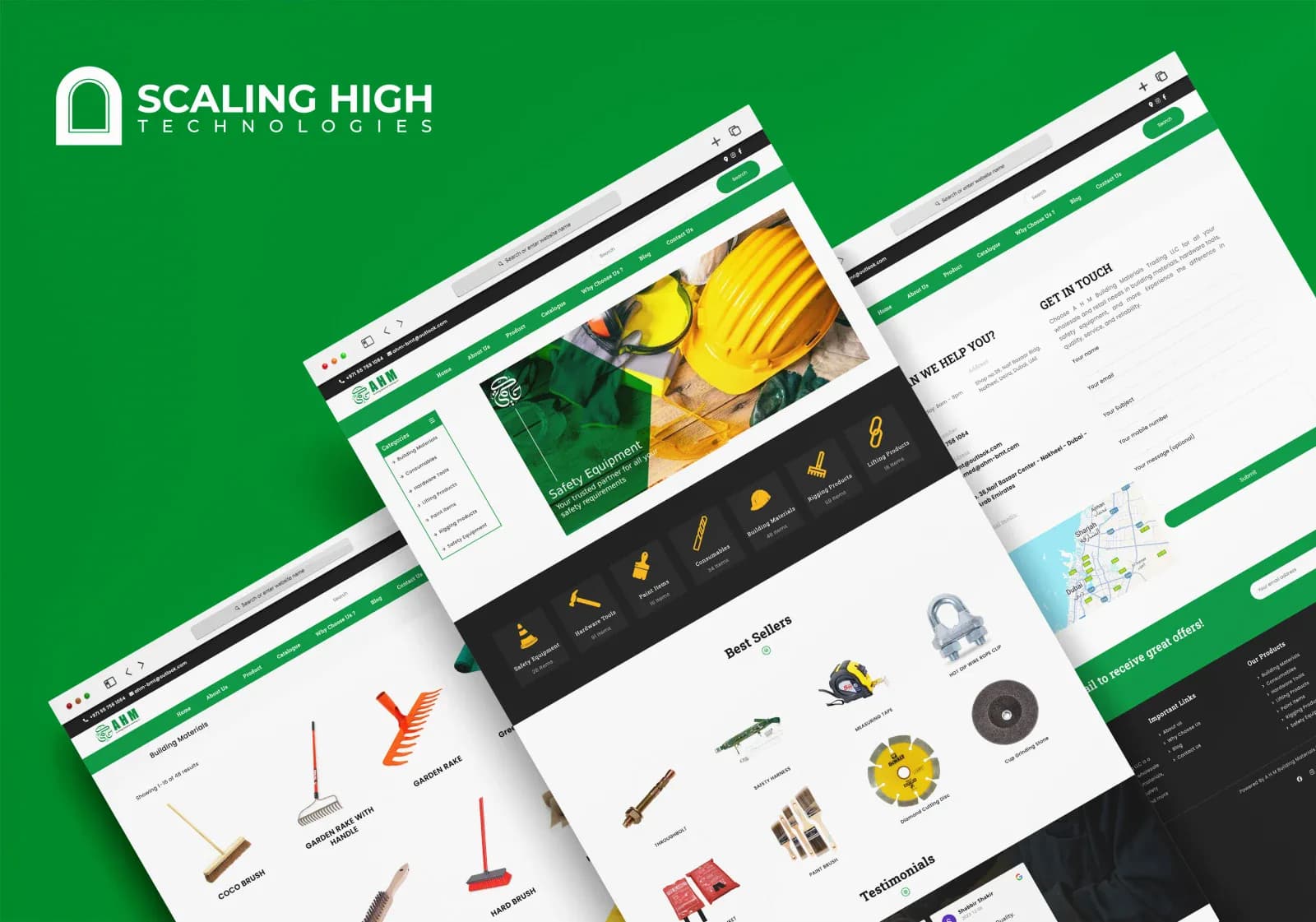 Homepage and product listing page of a building materials trading website showing safety equipment banner and category icons