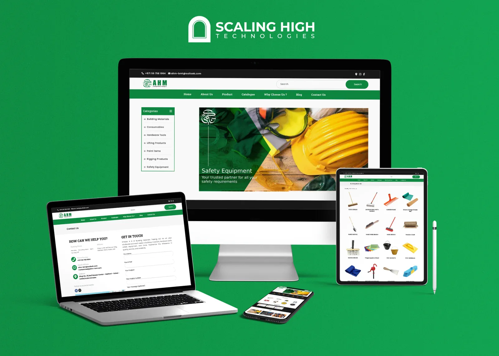 Homepage of a building materials trading website shown across desktop, laptop, tablet, and mobile devices