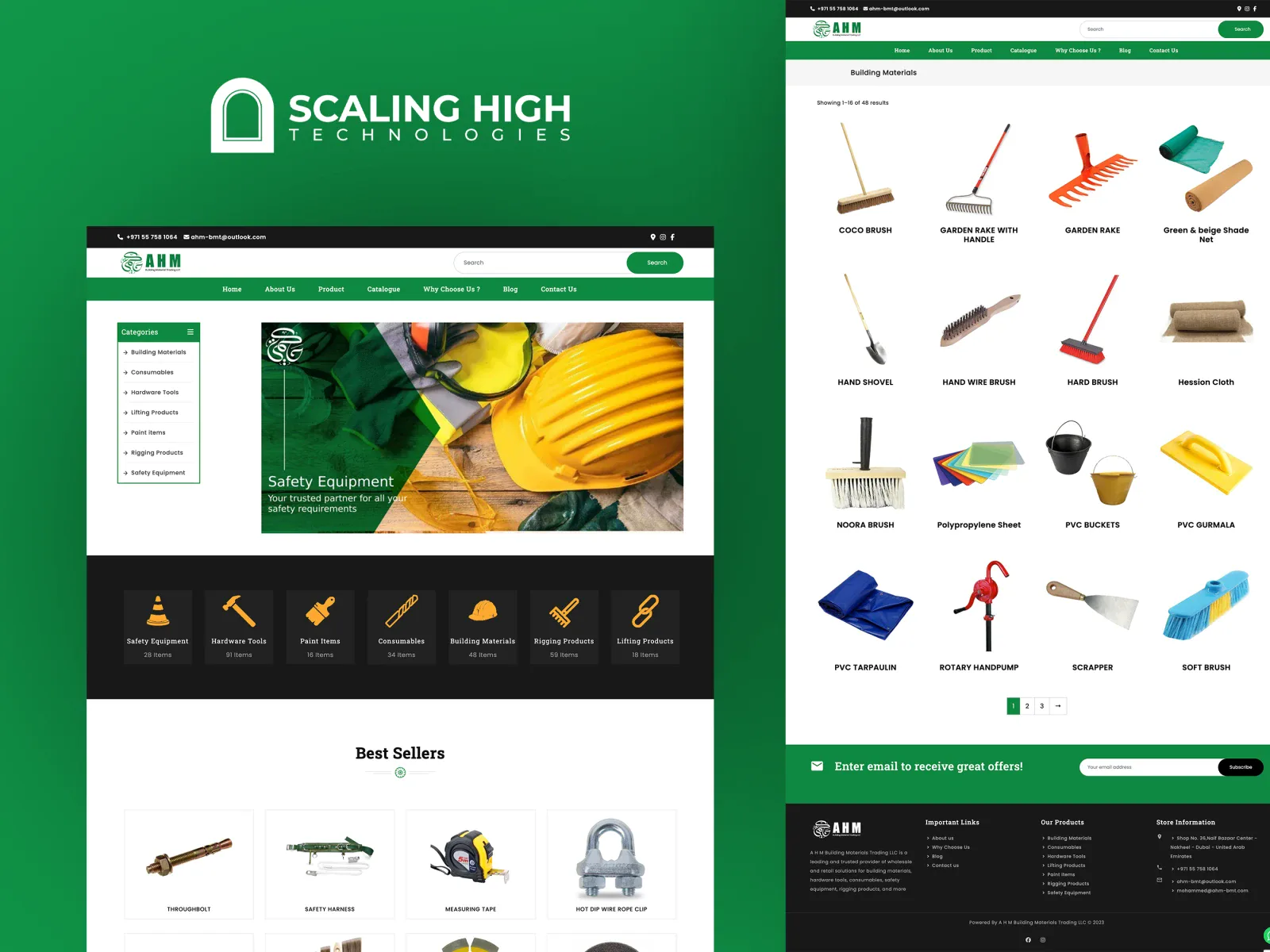 Product category grid and contact form page of a building materials supplier's website