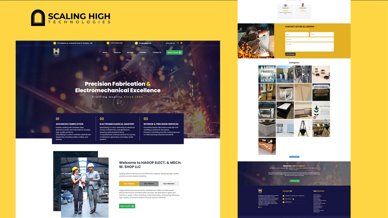 Full homepage of an electromechanical works website alongside contact form and Instagram feed of fabricated interior pieces