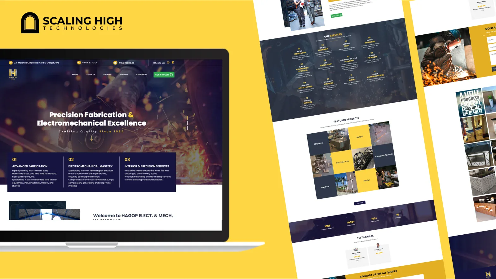 Homepage hero banner reading "Precision Fabrication and Electromechanical Excellence" alongside a services grid and featured portfolio projects