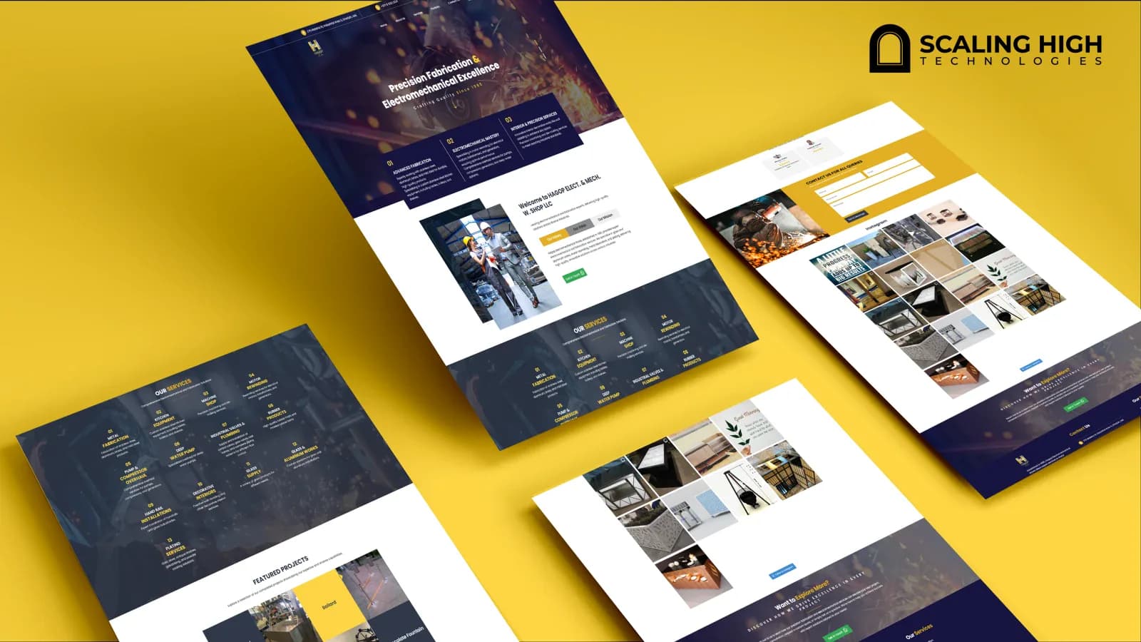 Homepage, services list, portfolio gallery, and Instagram feed composite for a metal fabrication and electromechanical company