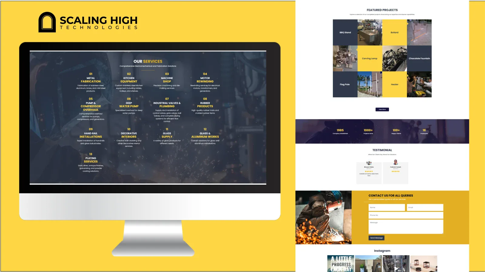 Thirteen-item services list, featured project gallery, company statistics, and contact form for an electromechanical workshop website