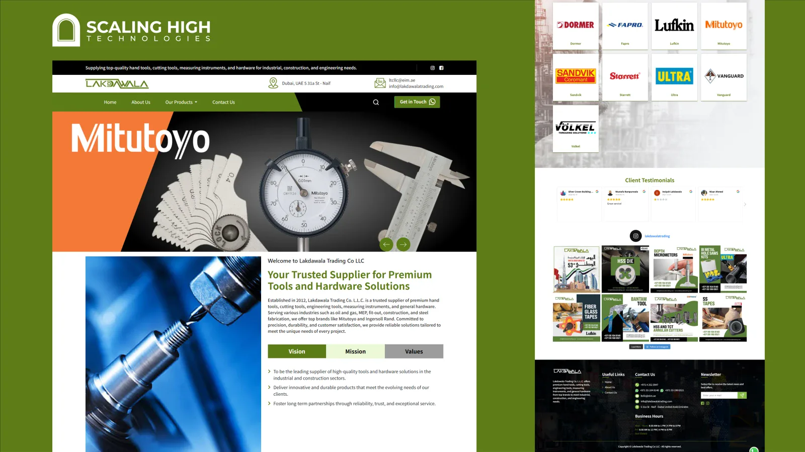 Brand logos, client testimonials, Instagram feed, and footer of a hand tools and measuring instruments website