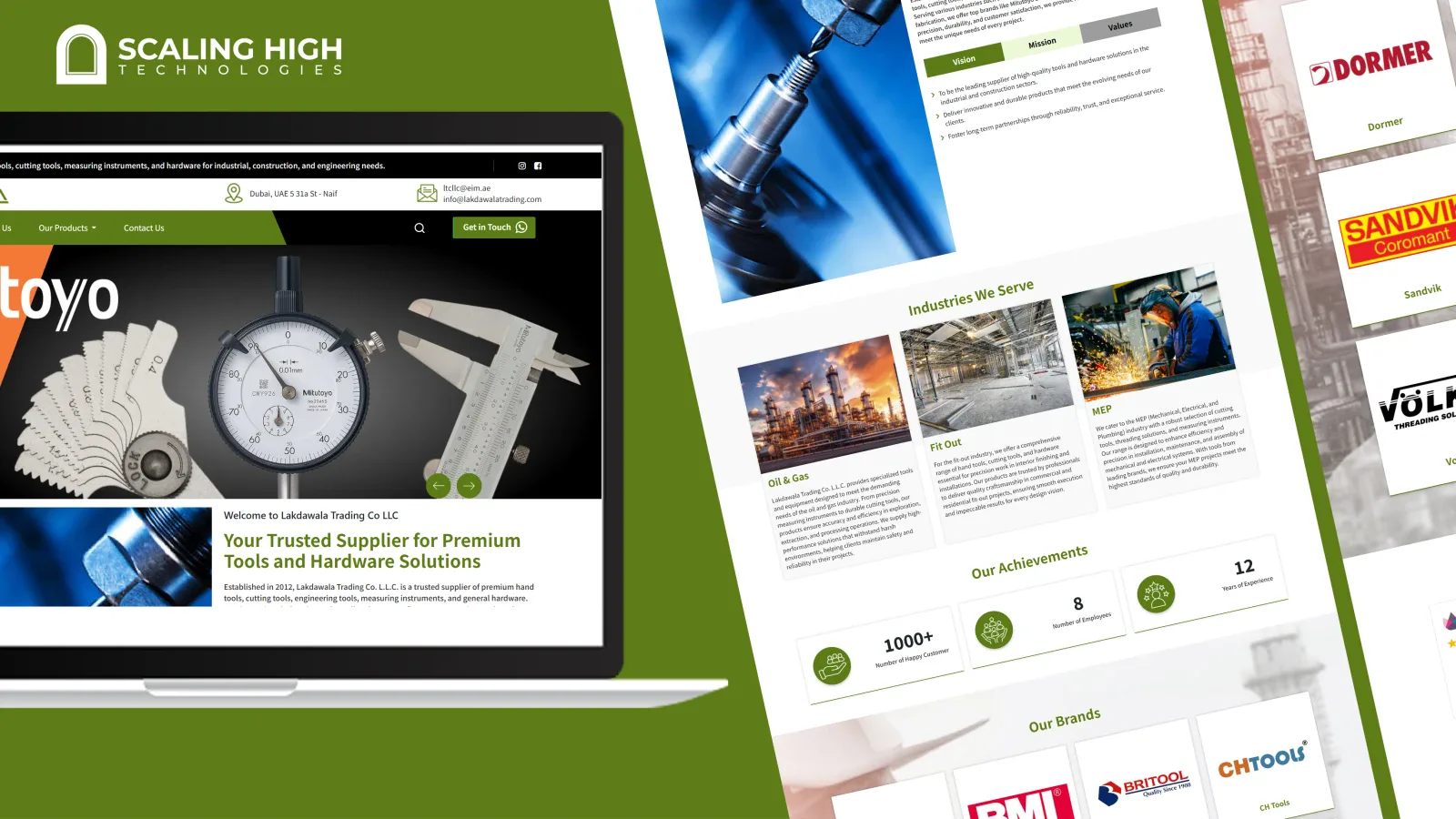 Homepage hero banner featuring a Mitutoyo measuring tool set, alongside mission, vision and values statements and a brands grid