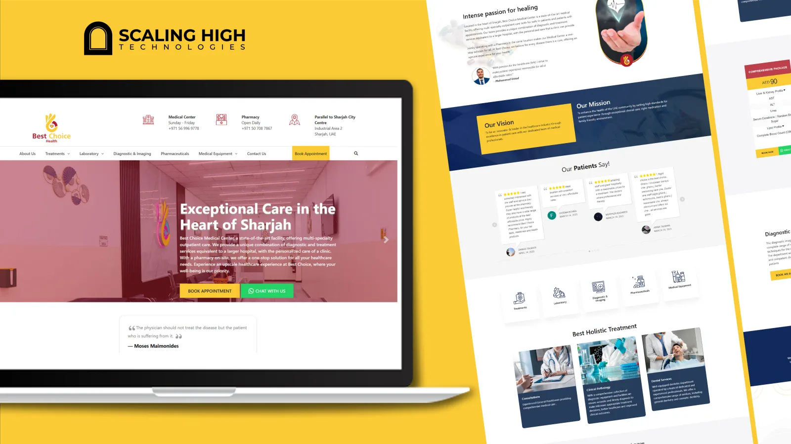 Homepage hero banner of a healthcare clinic website on laptop, alongside mission and vision sections and patient testimonials