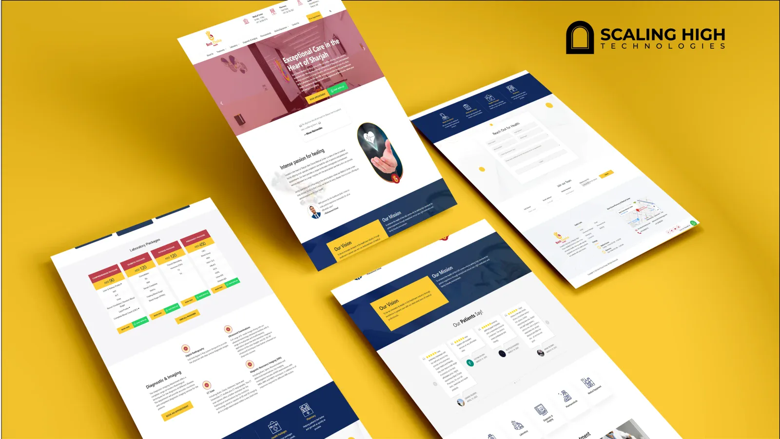 Mobile view of a healthcare clinic homepage alongside services icons, testimonials, and appointment request form