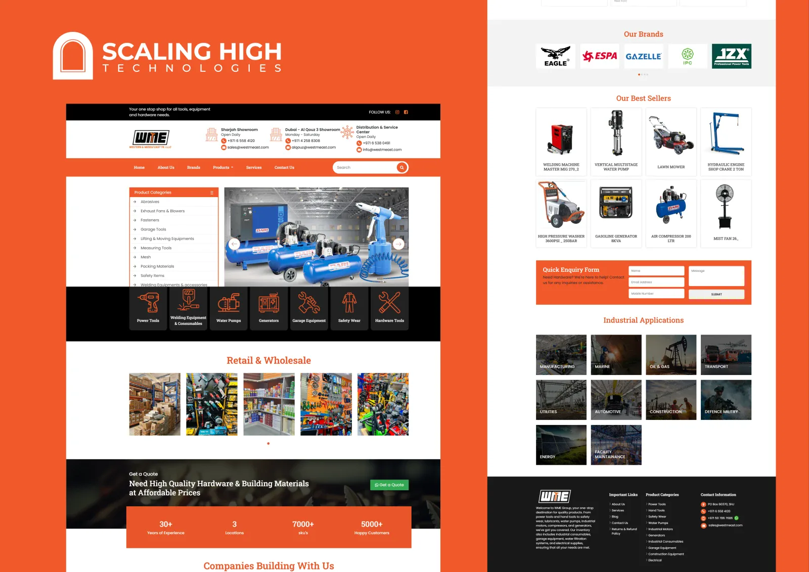 Full homepage of an industrial tools distributor's website alongside a best sellers grid and industrial applications by sector