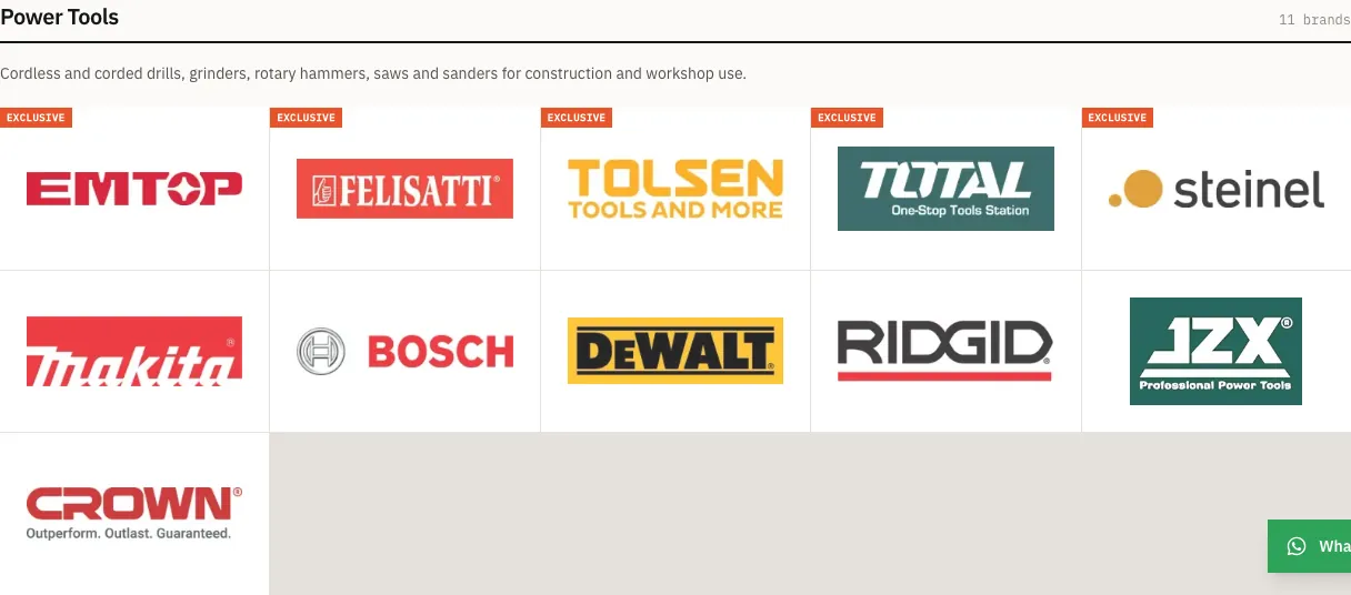 Brand logo grid on the WME website showing Emtop, Makita, Bosch, DeWalt, Ridgid and other tool brands