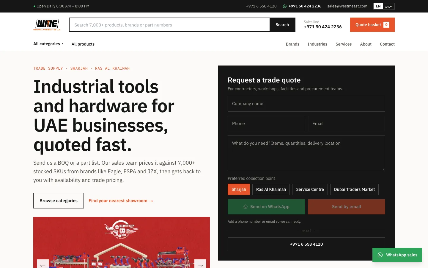 WME homepage with trade quote form and WhatsApp enquiry button, built by Scaling High for an industrial tools supplier in Sharjah