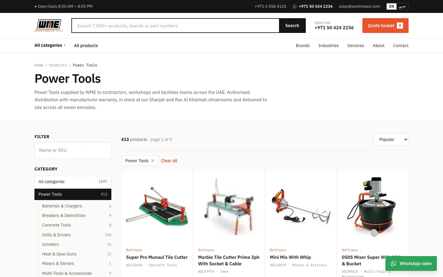 Power Tools category page on the WME website showing 413 products with subcategory filters and SKU search