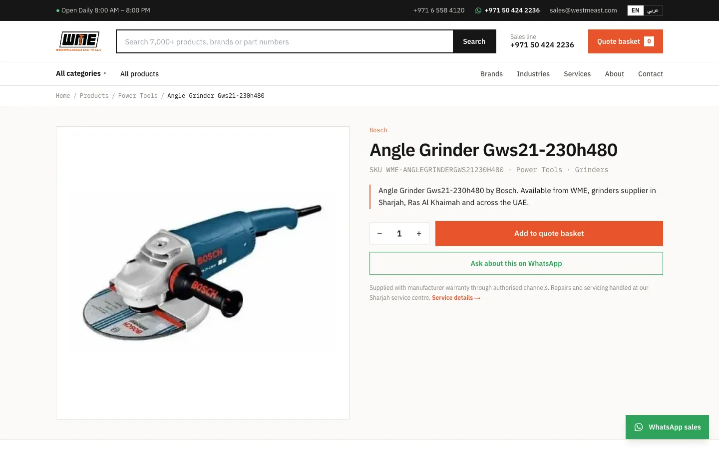 Bosch angle grinder product page on the WME website with add to quote basket and WhatsApp enquiry buttons