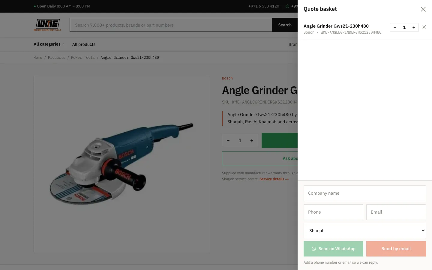 Quote basket drawer on the WME website with a Bosch angle grinder added and Send on WhatsApp button