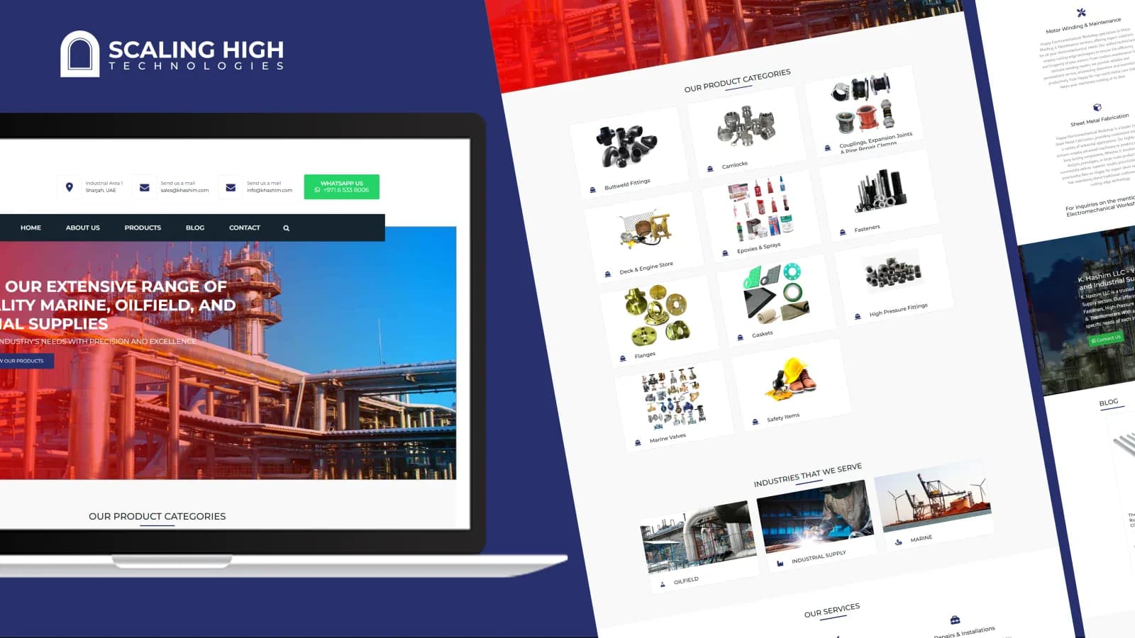 Homepage hero banner for a marine and oilfield hardware supplier alongside a product category grid showing buttweld fittings, camlocks, and marine valves