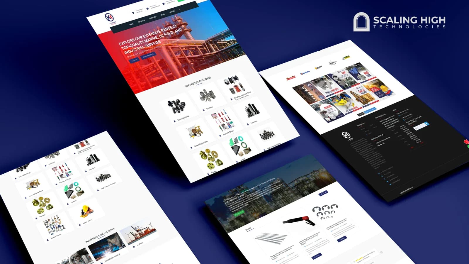 Homepage, product category grid, and Instagram feed composite for a marine, oilfield, and industrial supply hardware website