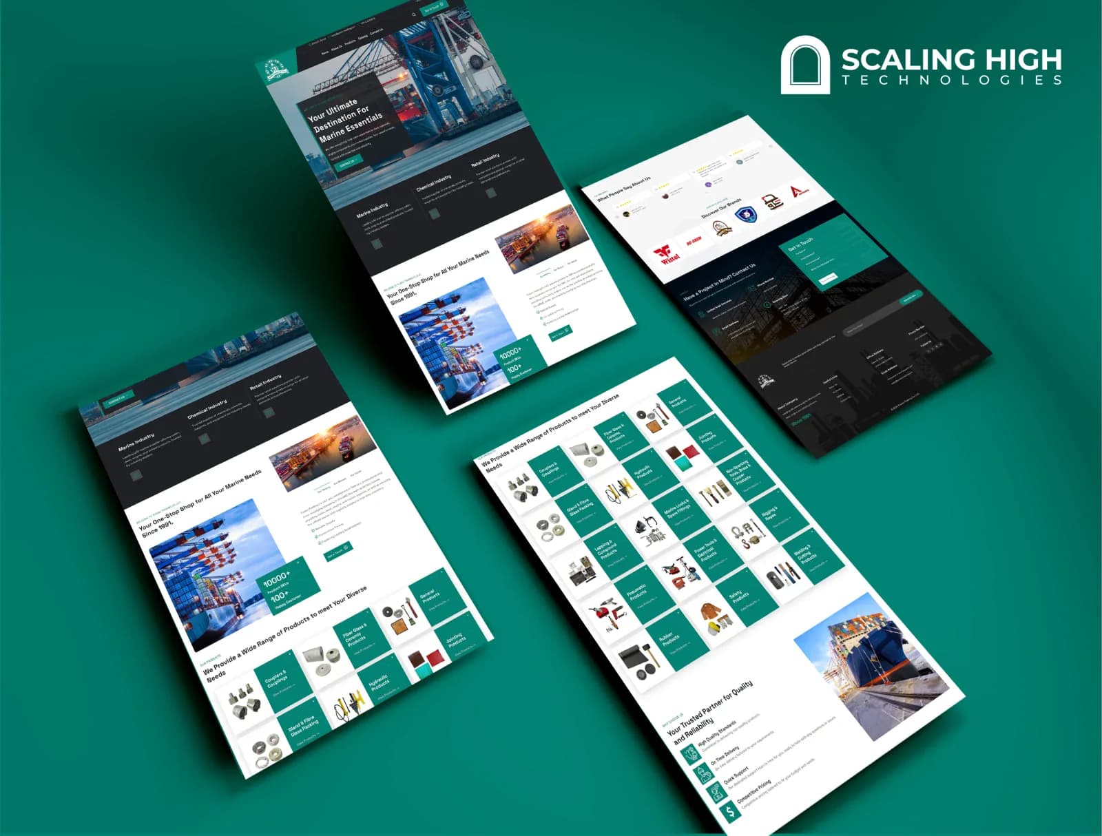 Mobile homepage, industries served section, and customer testimonials for a marine ship supply company's website