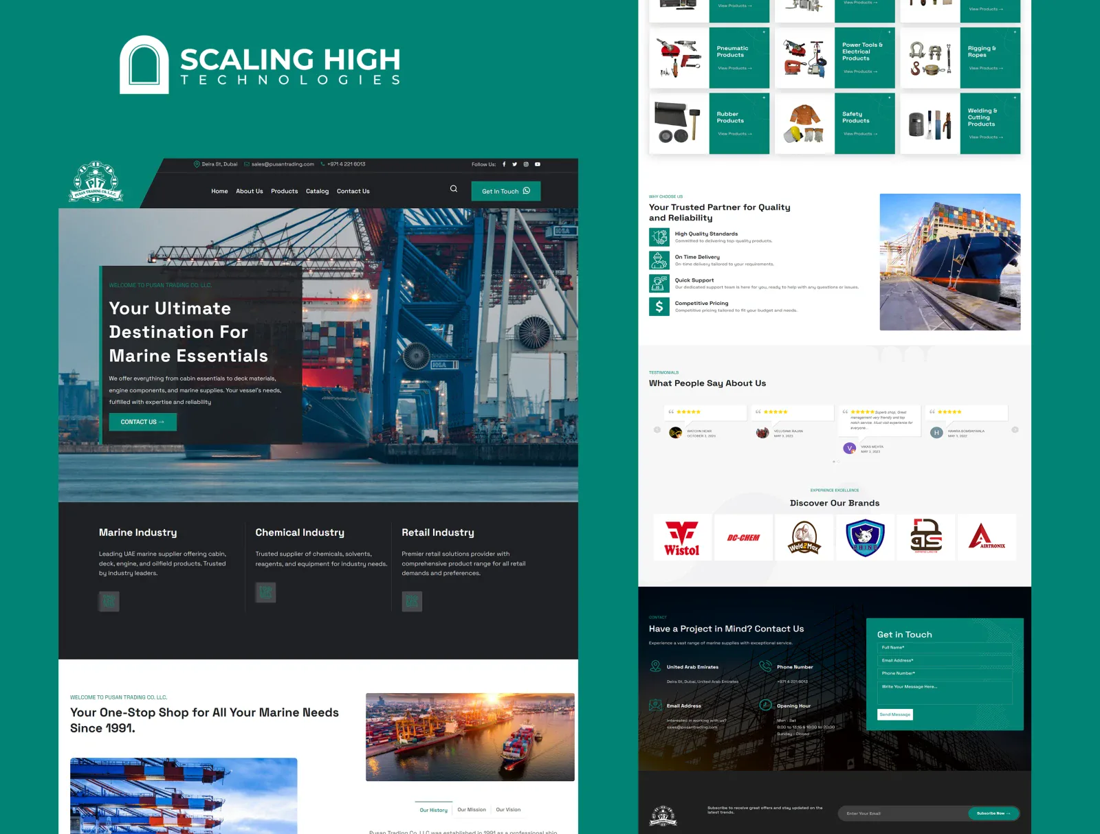Product category grid, testimonials, brand logos, and contact form for a marine and industrial supply company