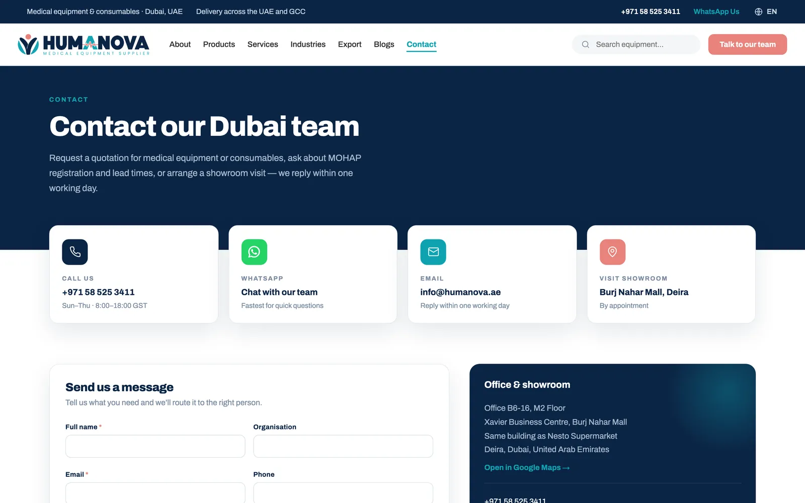 Contact page on the HumaNova website with a contact form and location details