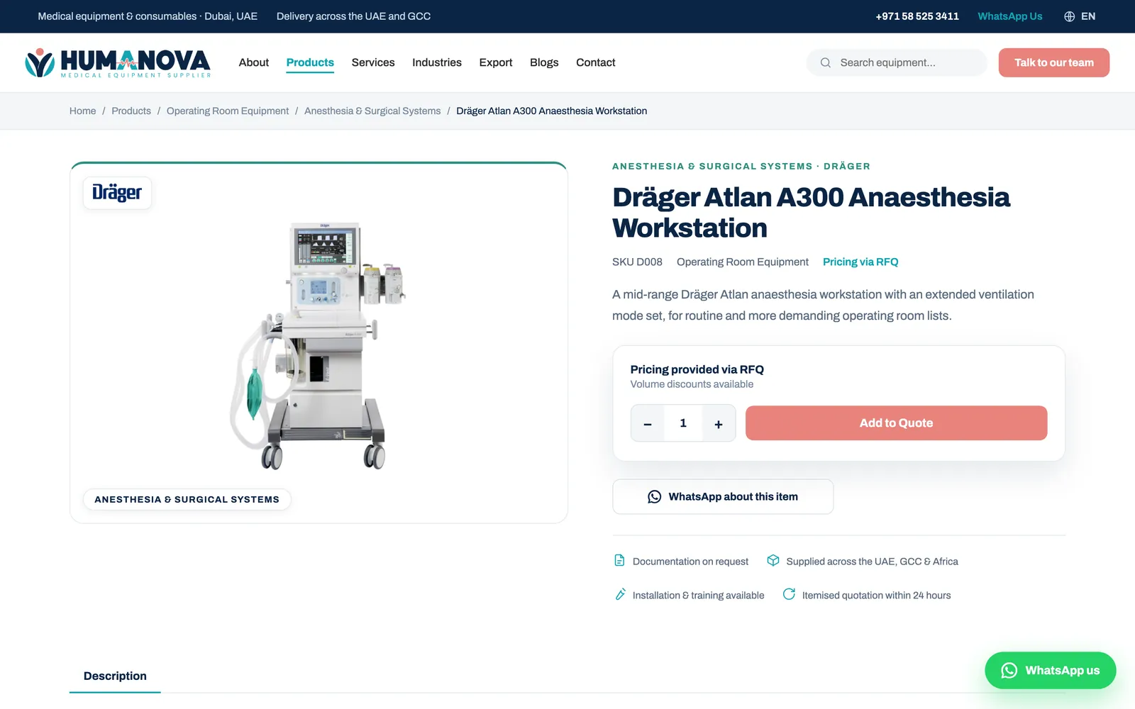 A medical device product page on the HumaNova website with Add to Quote panel and WhatsApp enquiry button