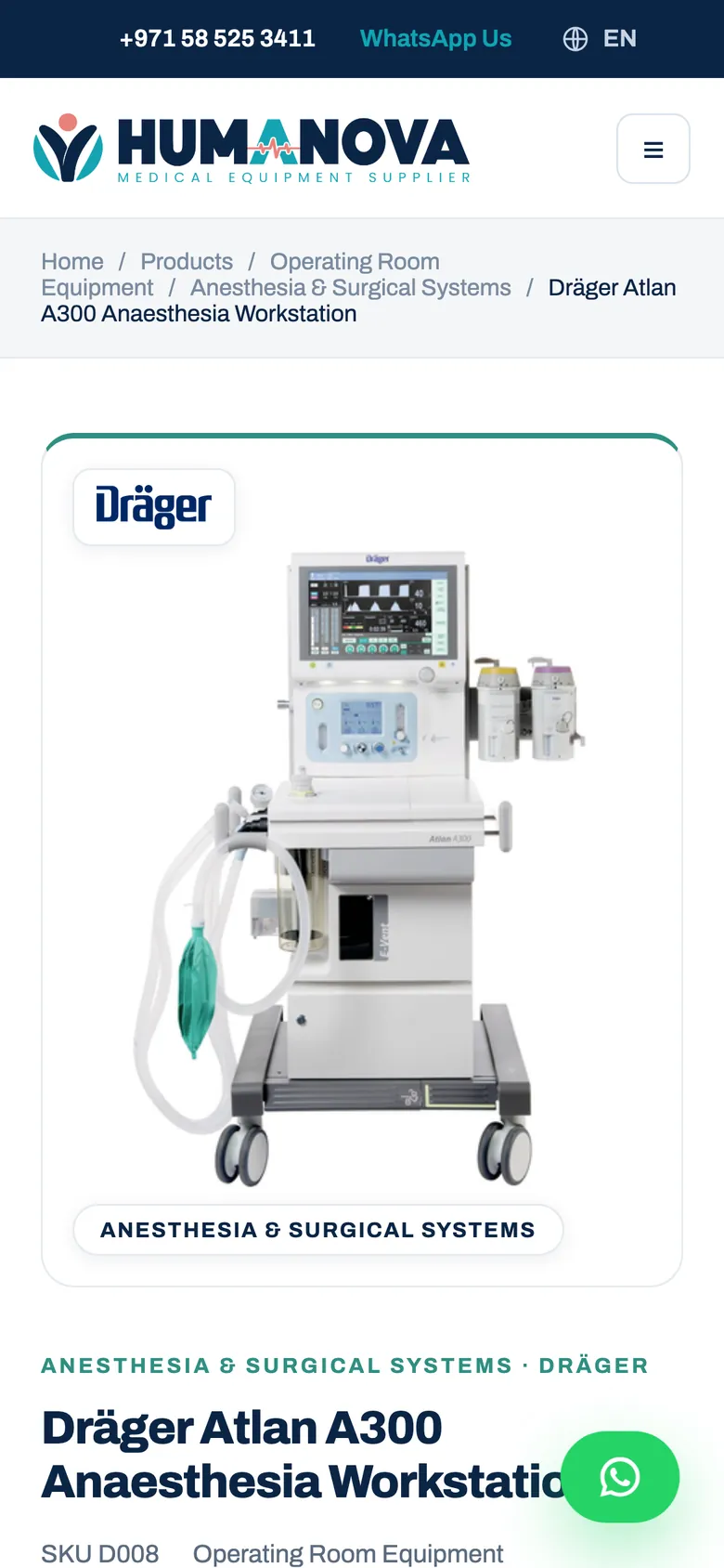 A medical device product page on mobile with Add to Quote and WhatsApp buttons