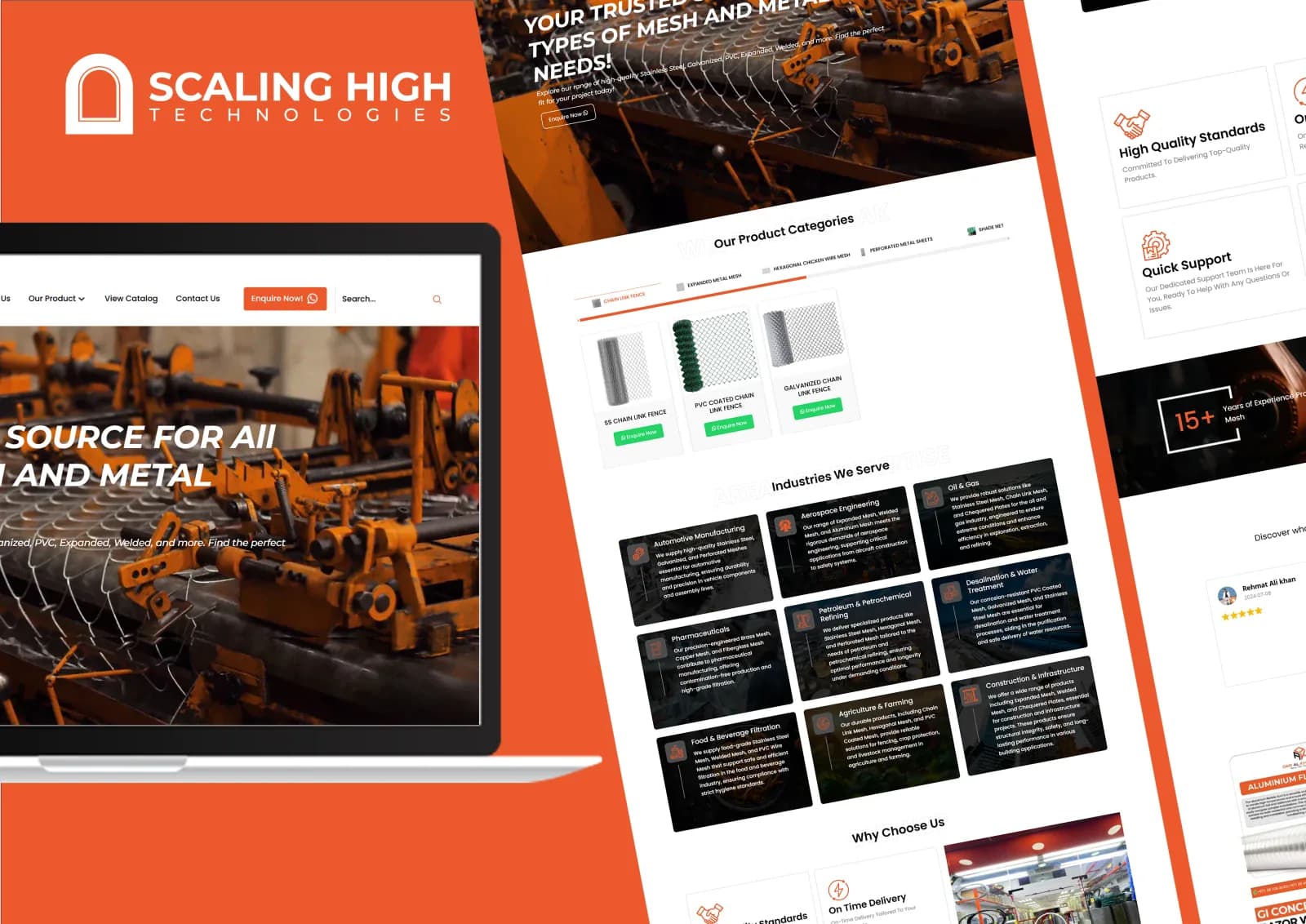 Homepage hero video banner and product category tabs showing chain link fence variants on a mesh and metal products website