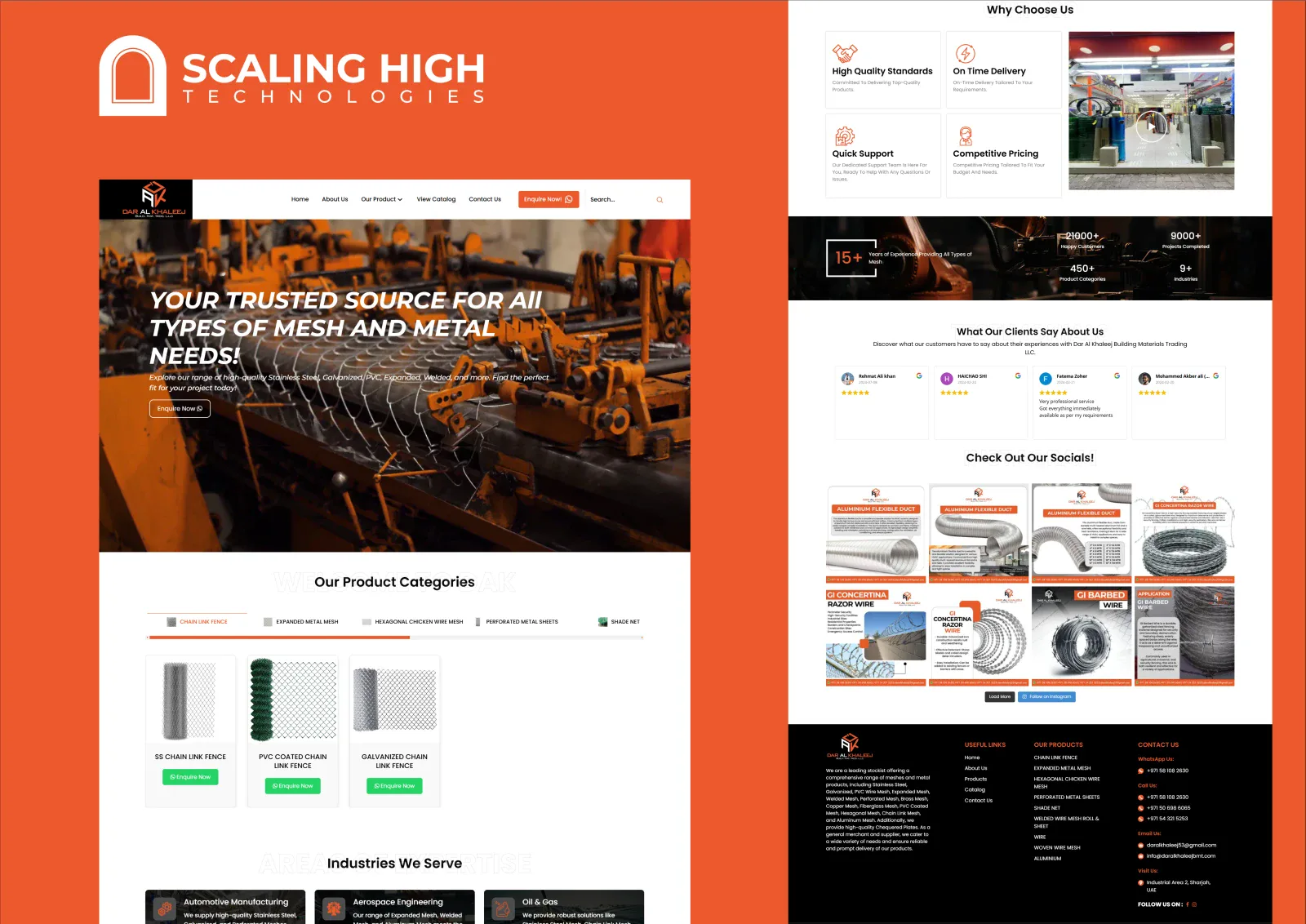 Full homepage of a mesh and metal products website showing a factory hero image, product categories, and industries served